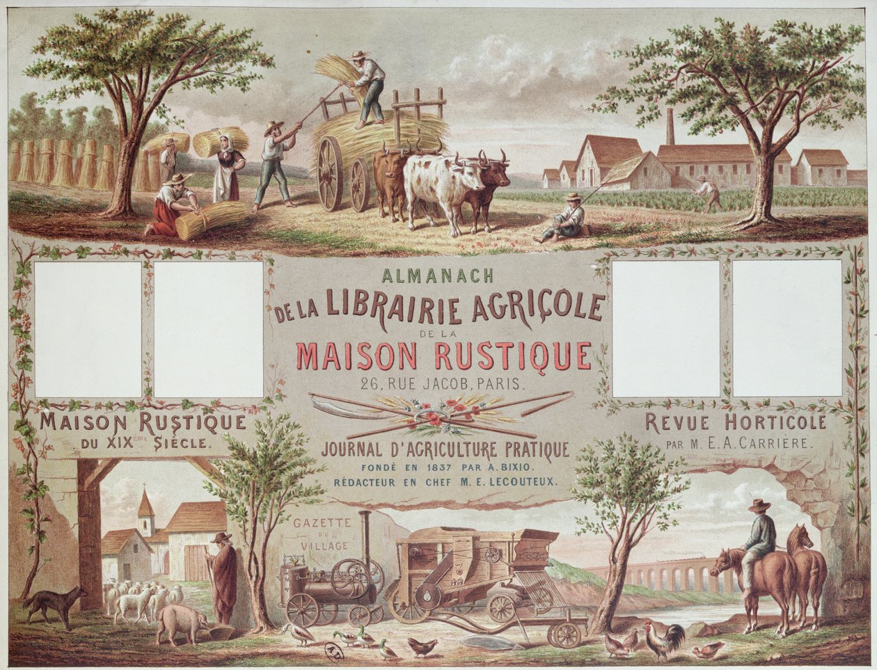 Almanakk som illustrerer tradisjonelle og moderne jordbruksmetoder. ca. 1870-80 av French School