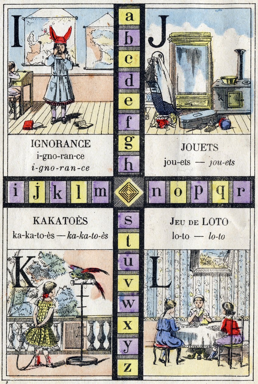Alfabet og bokstav I J K og L, uvitenhet, leker, kakatoer og lottospill. ABC av småjentene. Epinal avbildning av French School