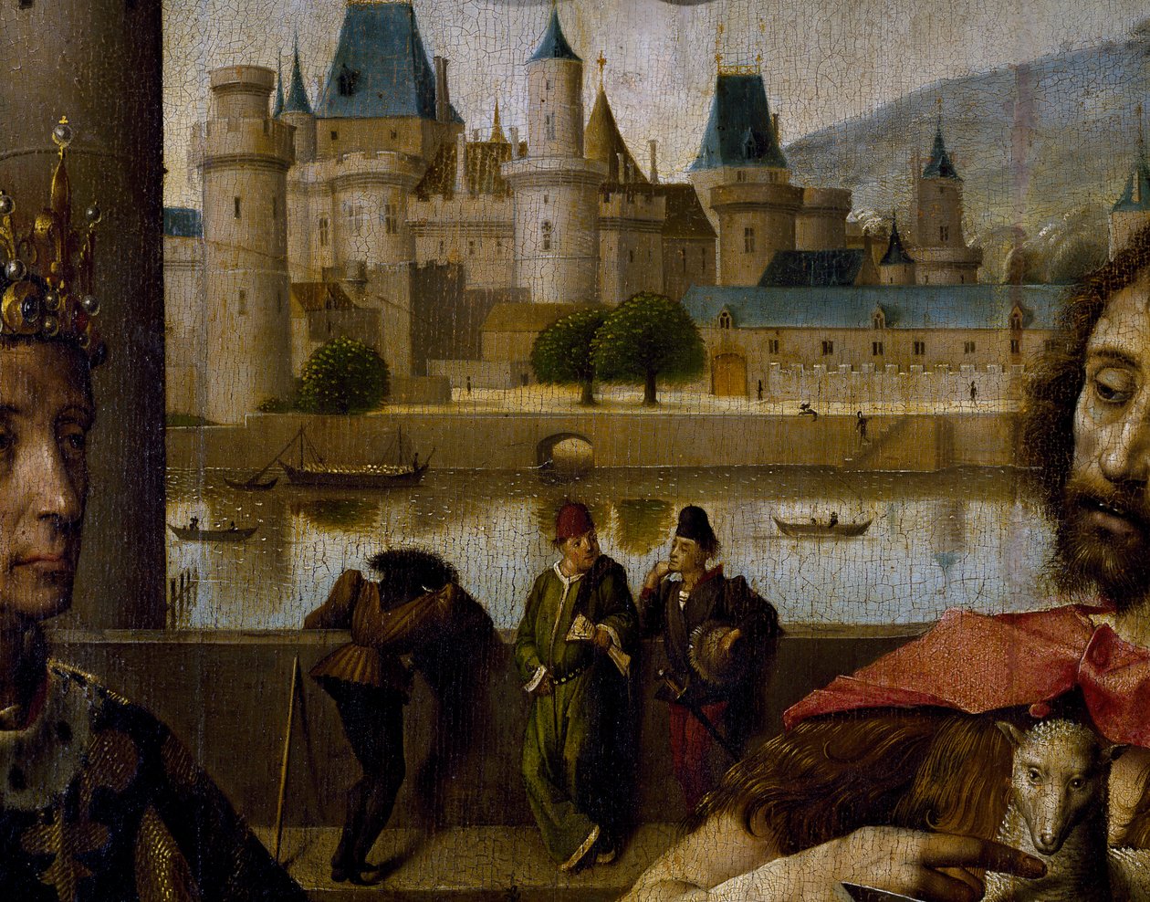 Altertavle av parlamentet i Paris, detalj av Louvre og Seinen av French School