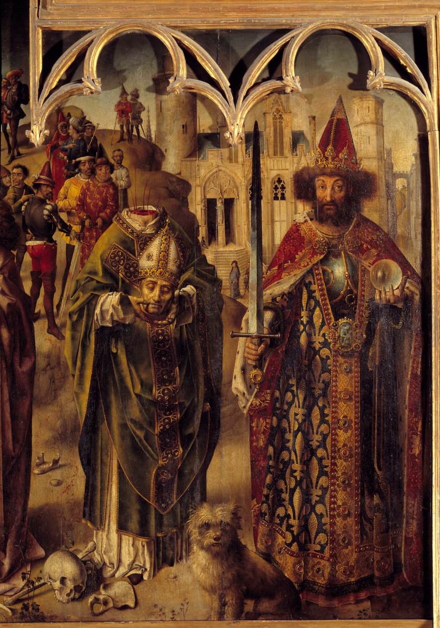 Altertavle av parlamentet i Paris: detalj av den høyre delen som representerer den kristne martyren Saint Denis av Paris (3. århundre) er halshugget og holder hodet i hendene, ved siden av ham keiser Karl den Store (742-814) som en bysantinsk keiser. Hunde av French School