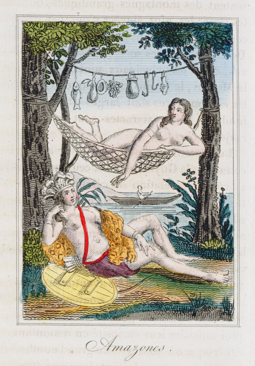 Amazons, illustrasjon fra History of travel around the world av J. Dufay, utgitt av Courvalet & Co., Paris, 1826 (fargegravering) 1826 (fargegravering) av French School