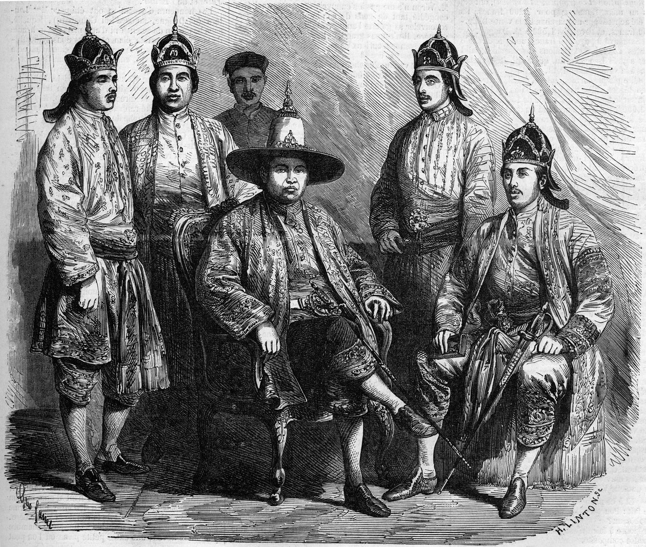Siams ambassadører (Thailand) under deres besøk i Paris i 1858. Gravering i “” Le Monde Illustré”” nr. 49 av 20. mars 1858. av French School