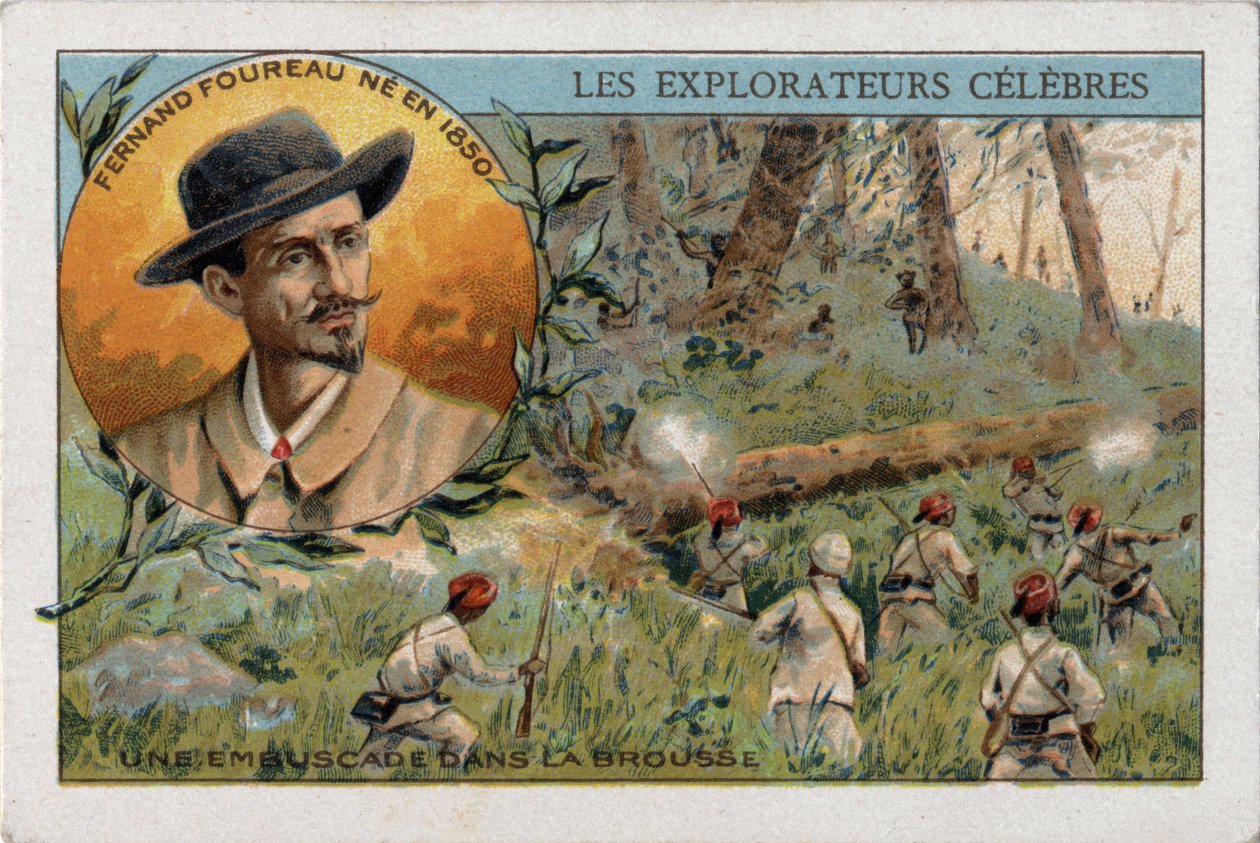 Bakhold i den afrikanske bushen under en ekspedisjon av den franske oppdageren Frenand Fourreau (1850 - 1914). Kromolitografi fra 1800-tallet. av French School
