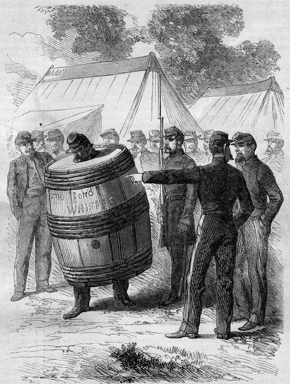 Amerikansk borgerkrig (1861-1865): straff for en full soldat fra den konfødererte hæren. Han har på seg en tønnepierce og rullator gjennom leiren under det morsomme blikket til andre soldater. Gravering i "" Le Monde Illustré"" nr. 276  av French School