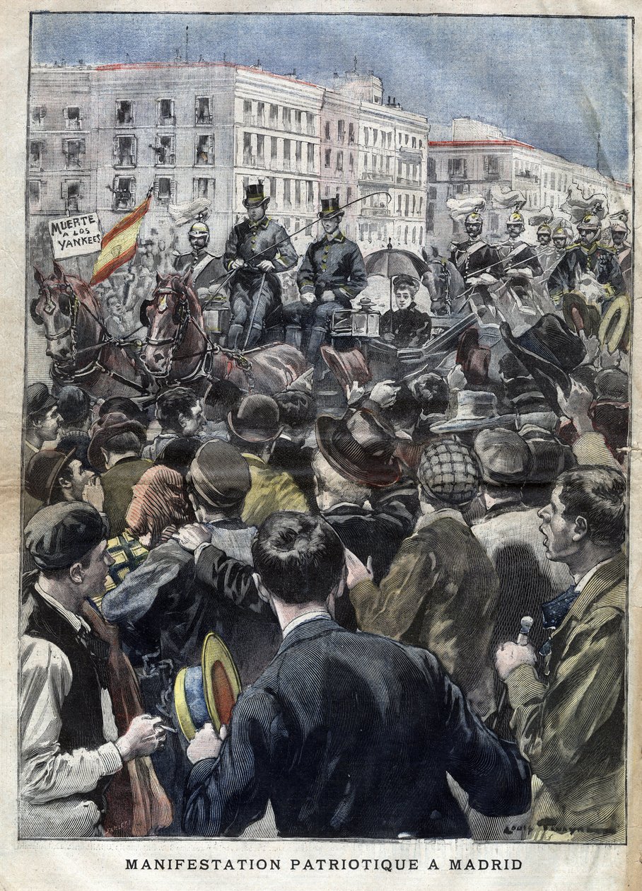 Amerikansk Hispano-krig (eller Desastre av 1898) - patriotisk demonstrasjon i madrid i 1898 i nærvær av dronning Mary Christine av Spania (1858-1929) - gravering i "La petite Gironde" fra 1898 av French School