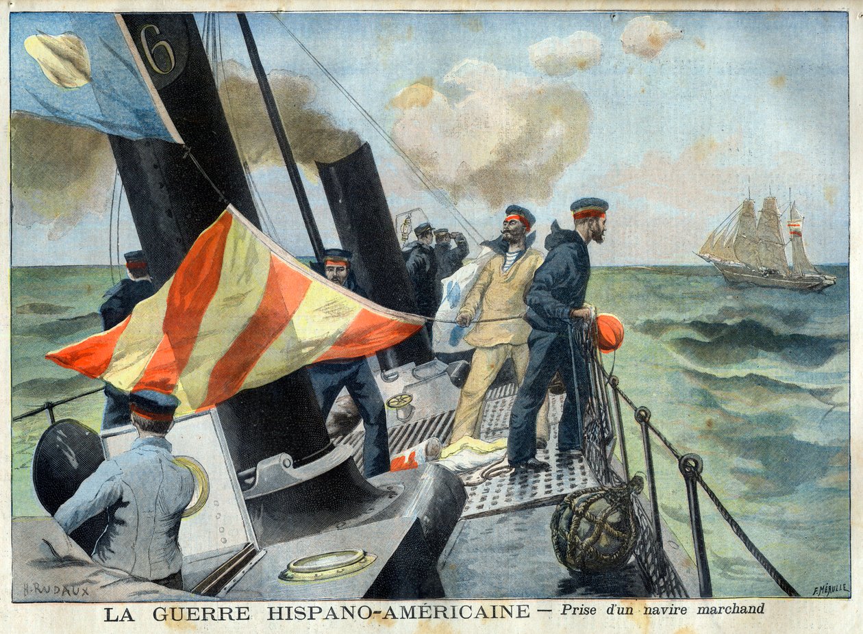 American Hispano War (eller Desastre of 98) - Den spansk-amerikanske krigen: fangst av et handelsskip. Den spansk-amerikanske krigen - Å ta et handelsskip. Illustrasjon for Le petit Journal av French School