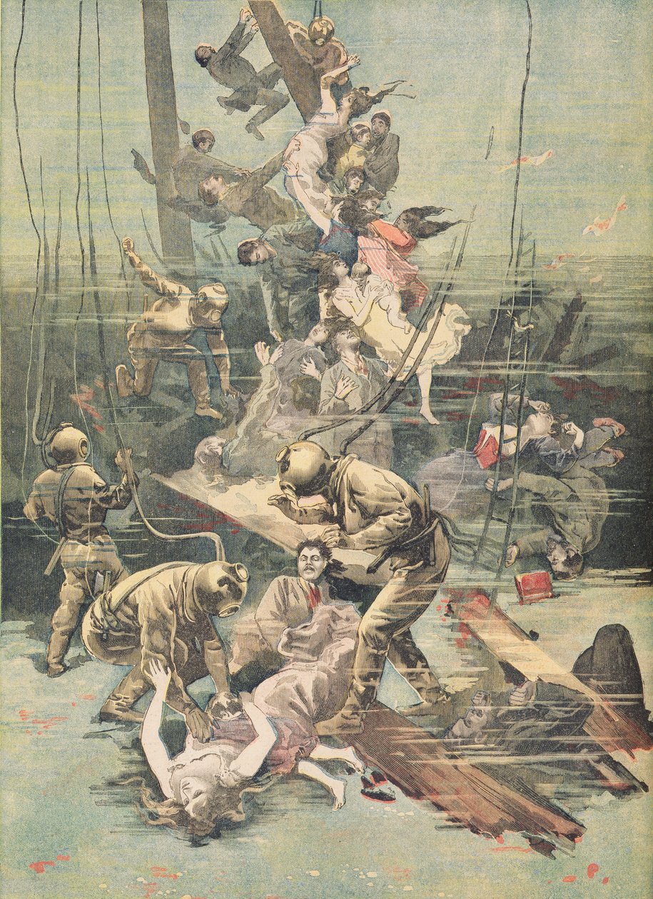 En ulykke i Santander, dykkere som leter etter ofrenes kropper, illustrasjon fra 'Le Petit Journal', 25. november 1893 av French School