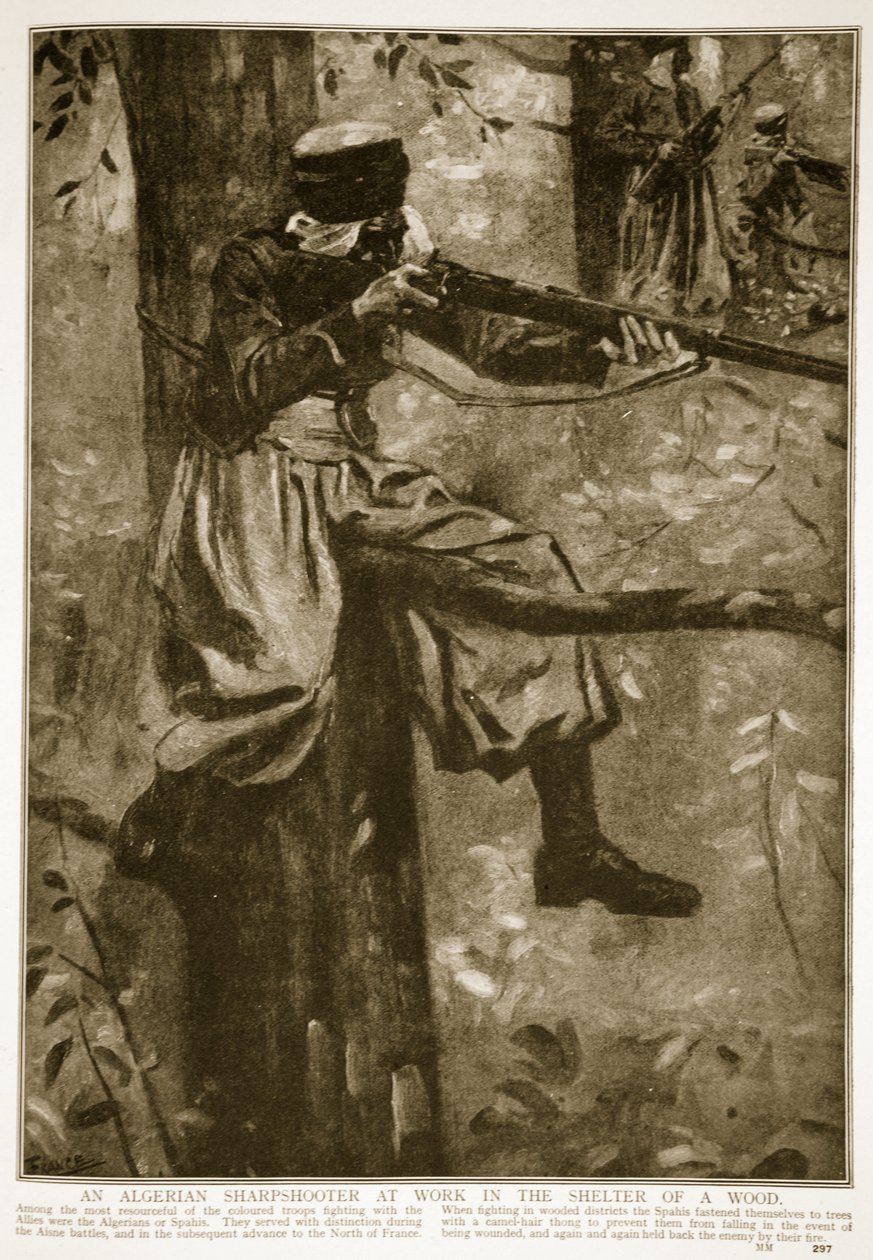 En algerisk skarpskytter på jobb i ly av en skog, 1914-19 av French School