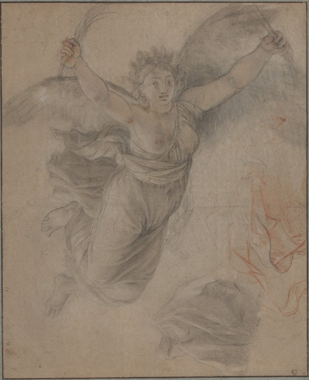 En allegorisk kvinnefigur (svart og rødt kritt, forhøyet med hvitt, på brunt papir) av French School