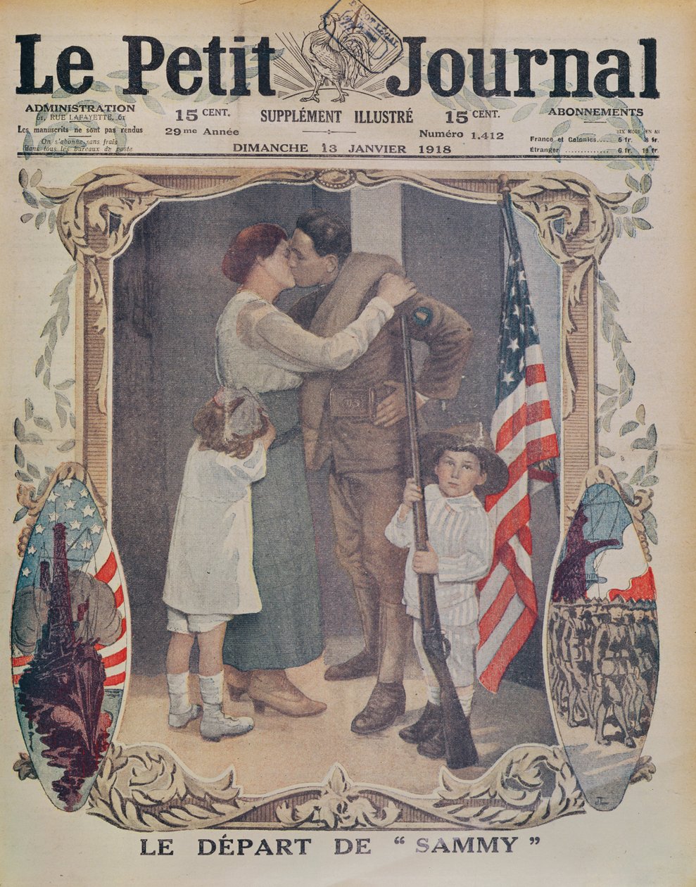 En amerikansk soldat på vei til Europa under 1. verdenskrig, forsideillustrasjon av Le Petit Journal, 13. januar 1918 av French School
