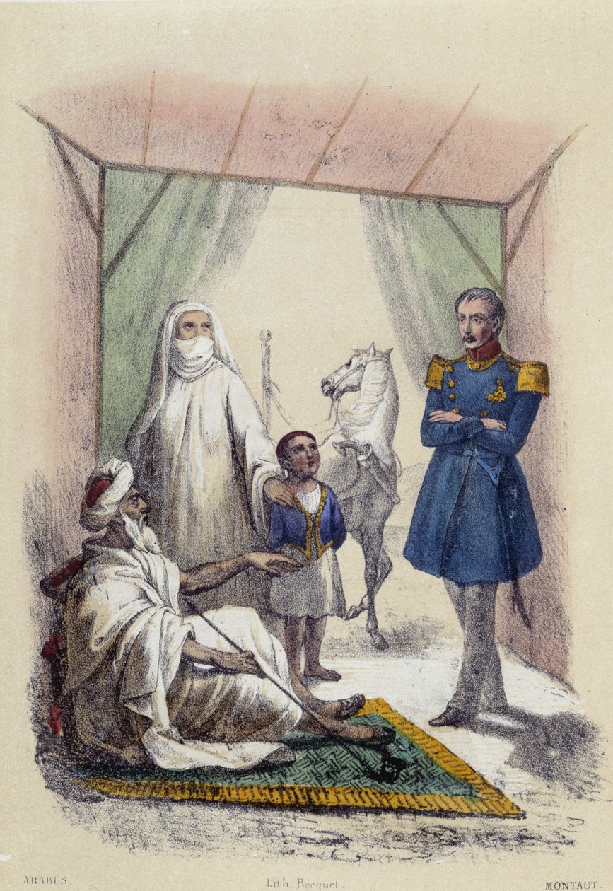 En arabisk familie som får besøk av en soldat; illustrasjon for arabiske land, -i "De tolv nasjoner"" av M.E. Fouinet av French School