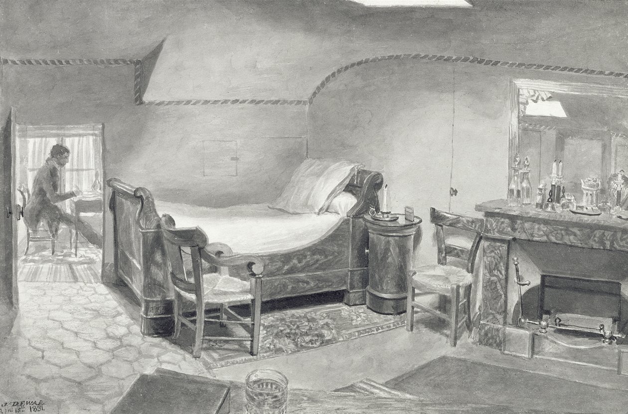 Et loftsinteriør til en kunstner i Paris, ca. 1830 (penn og sepia blekk og sepia wc på papir) av French School