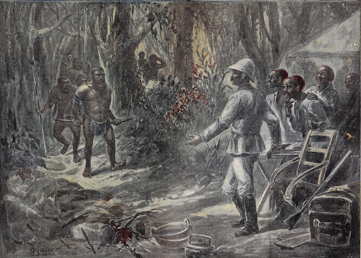 En engelsk reisende Lloyd oppdager Pygmeene mens han utforsker Afrika. Gravering i "" Le Pelerin"" 8/04/1899. av French School
