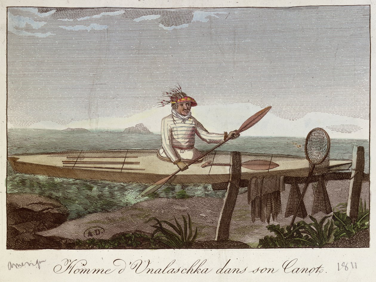 En innbygger på Unalaska Island i sin kano, 1811 av French School