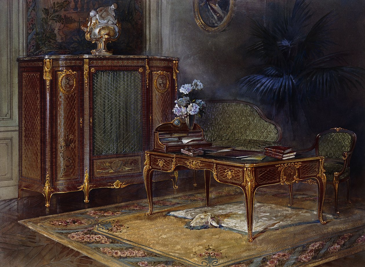 Et interiør med en Louis XV-stil Ormolu-montert og Parkett Bureau Plat og Bibliotheque 43,4 cm., av French School