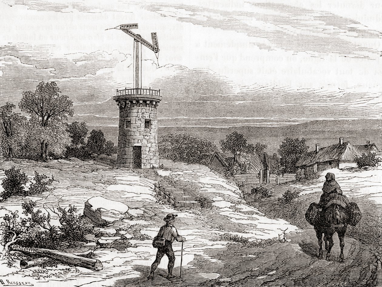 En lufttelegrafpost på 1700-tallet, fra Les Merveilles de la Science, publisert ca. 1870 (gravering) av French School