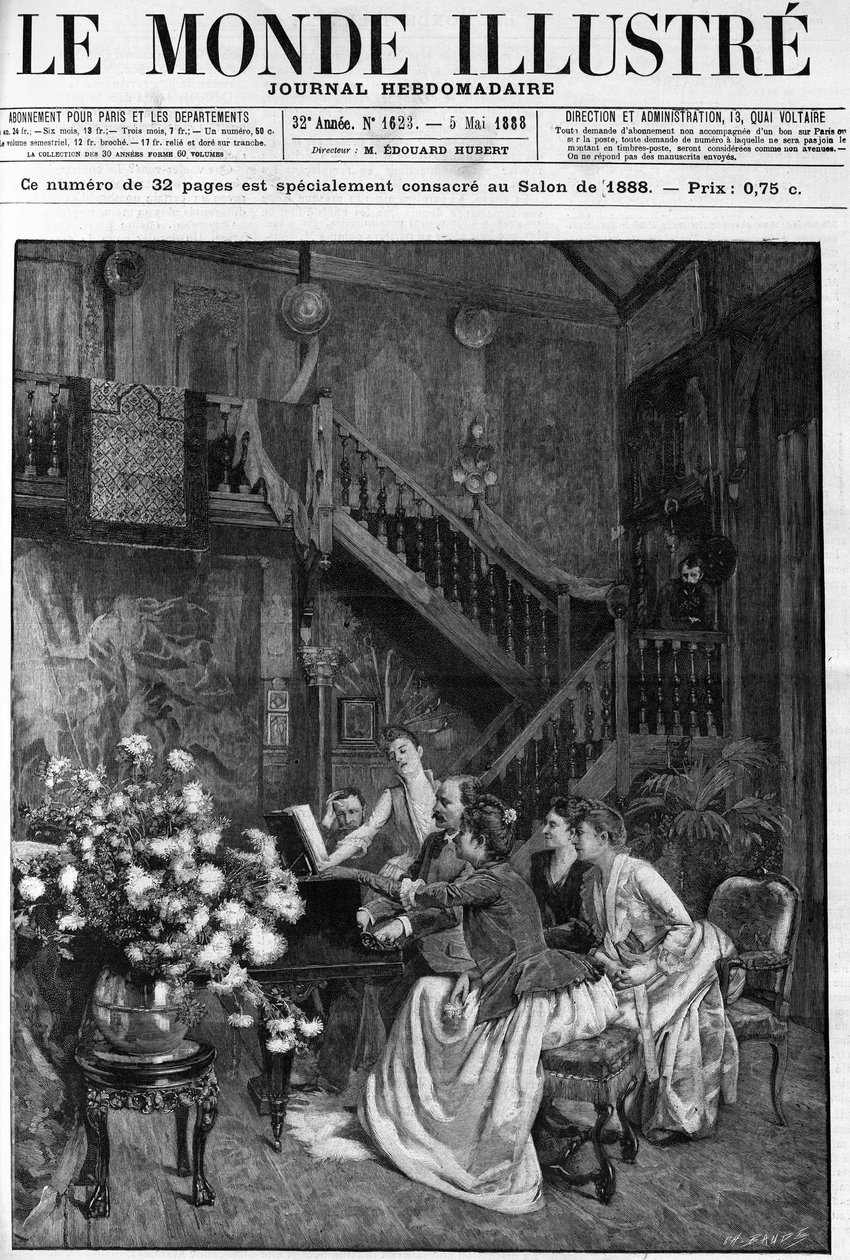 En ettermiddag rundt et partitur i en parisisk salong. Gravering i "" The Illustrous World"" i 1888. av French School