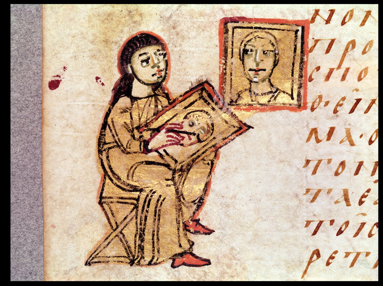 En kunstner som kopierer et maleri, fra Sacra Parallela av St. John Damascene (dc754) av French School