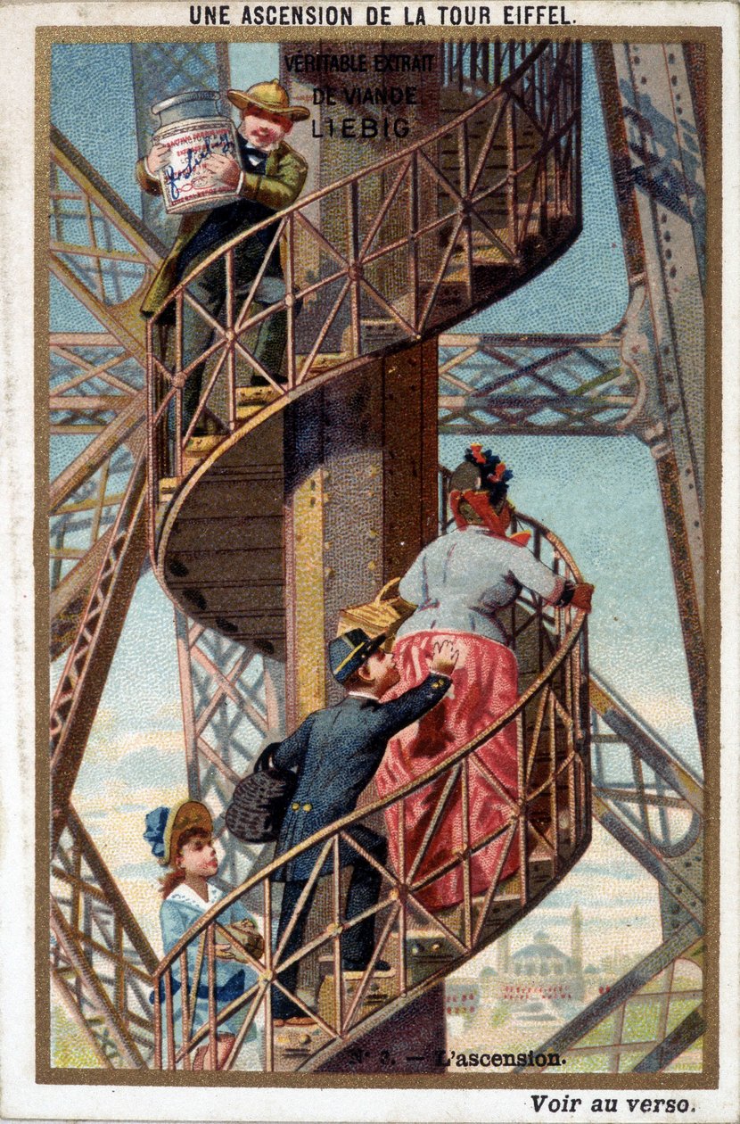 En bestigning av Eiffeltårnet: ved trappen - chromo. Liébig, deb. Det 20. århundre av French School