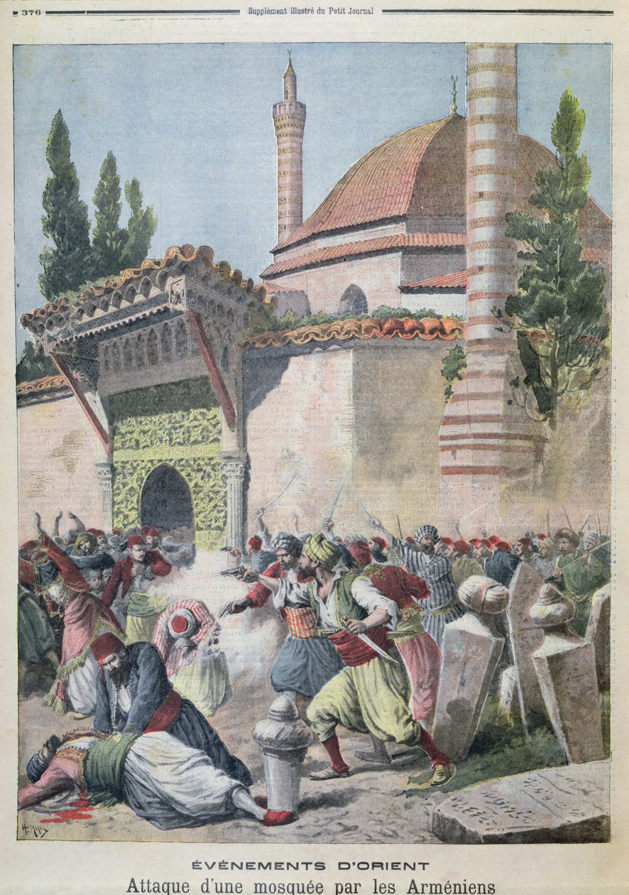 Et angrep på en moske av armenere, illustrasjon fra Le Petit Journal 1895 av French School