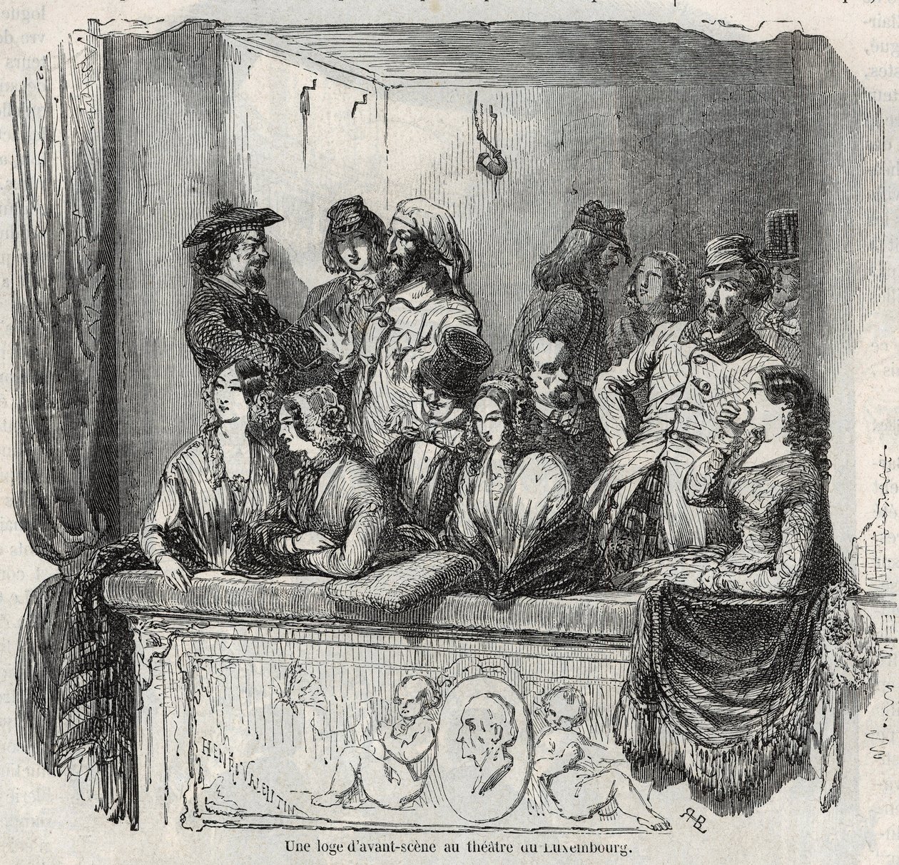 En avant-scene lodge ved Luxembourg-teatret i Paris på 1800-tallet Gravering i "" Tableau-de-Paris"" av Edmond Texier 1852 av French School