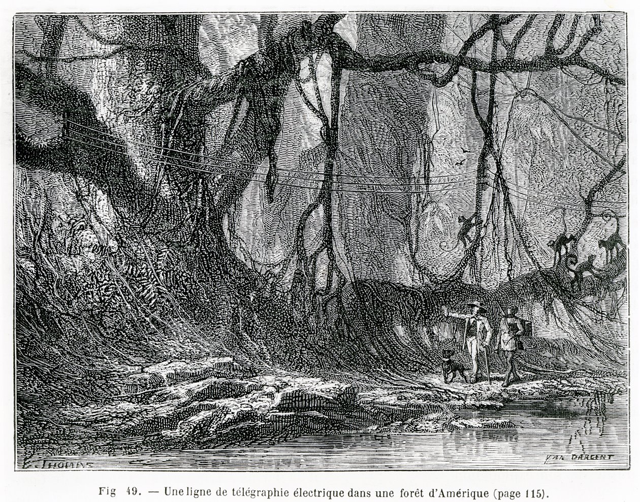 En elektrisk telegraflinje i en amerikansk skog, ca. 1870 (gravering) av French School