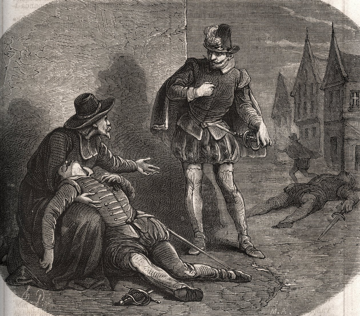 An emissary of the King of France Henry III (1551-1589) was found dying in the streets of Rome in 1582. He carried a compromising message from the king concerning his sister, Marguerite de Valois (1553-1615), known as Queen Margot. Engraving from 1871 in “ av French School