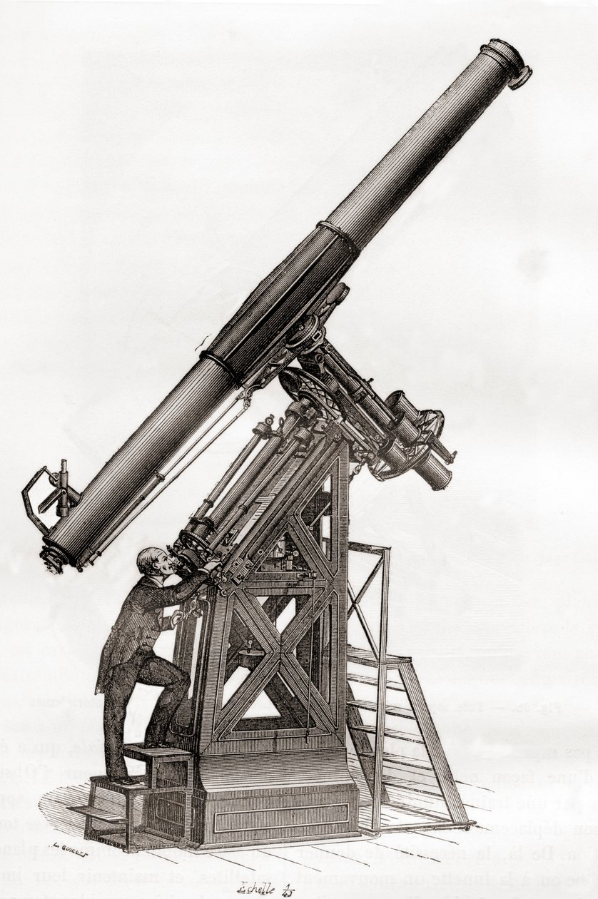 Et ekvatorialteleskop i Paris-observatoriet, Frankrike på 1800-tallet, fra Les Merveilles de la Science, publisert ca. 1870 (gravering) av French School