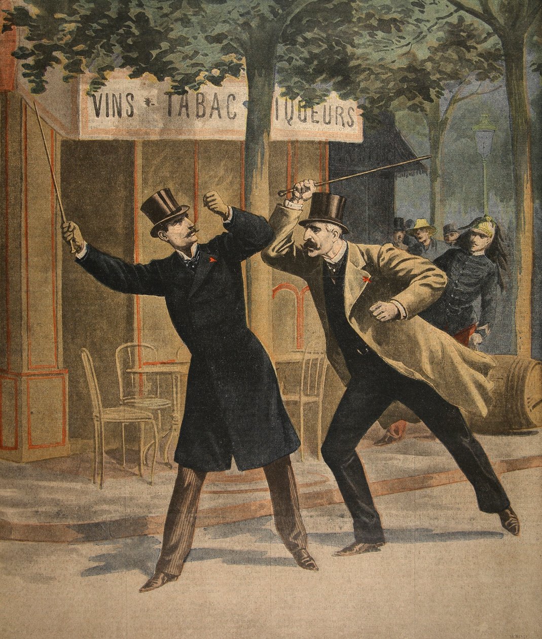 En hendelse mellom Esterhazy og Picquart, illustrasjon fra Le Petit Journal: Supplement illustre, 17. juli 1898 av French School