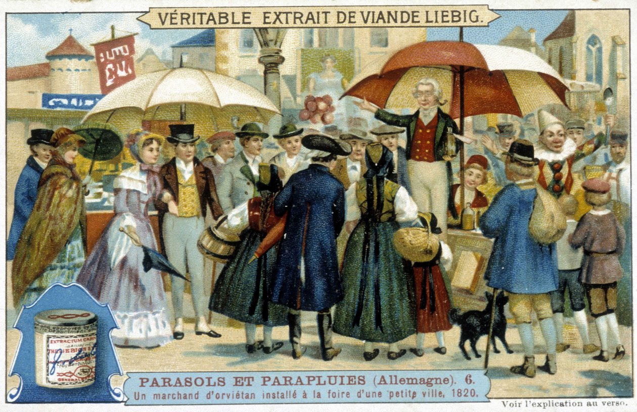 En orvietansk kjøpmann (charlatan) installert på messen i en liten by i Tyskland - Reklameetikett Liébig, v.1900 av French School