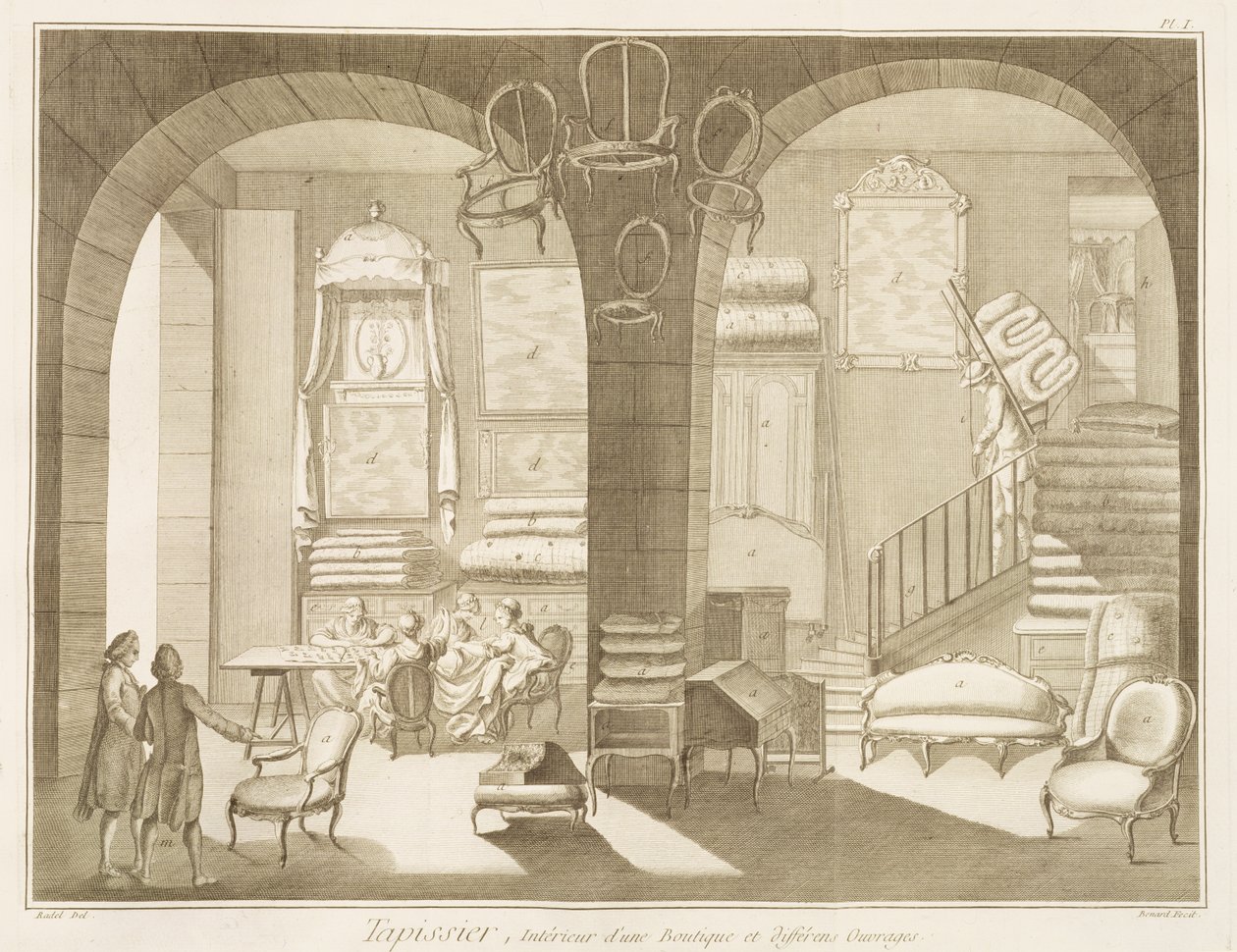 En møbelstopperbutikk fra Encyclopedie des Sciences et Metiers av Denis Diderot (1713-84) utgitt ca. 1770 av French School