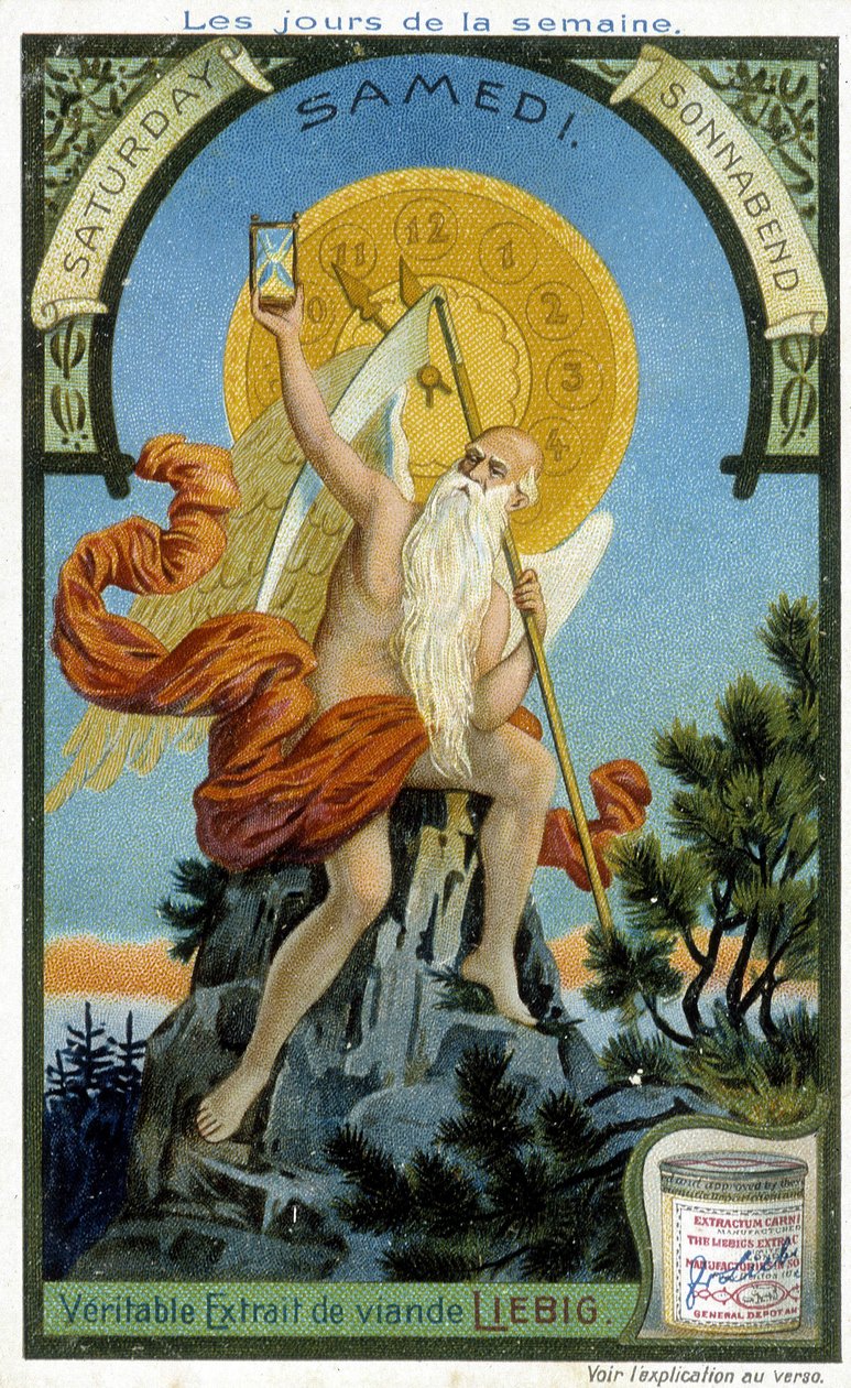 Ancient Divinity holder et timeglass som et symbol på tiden som går for å illustrere lørdag. Liebig kromolitografisk reklamekort. av French School