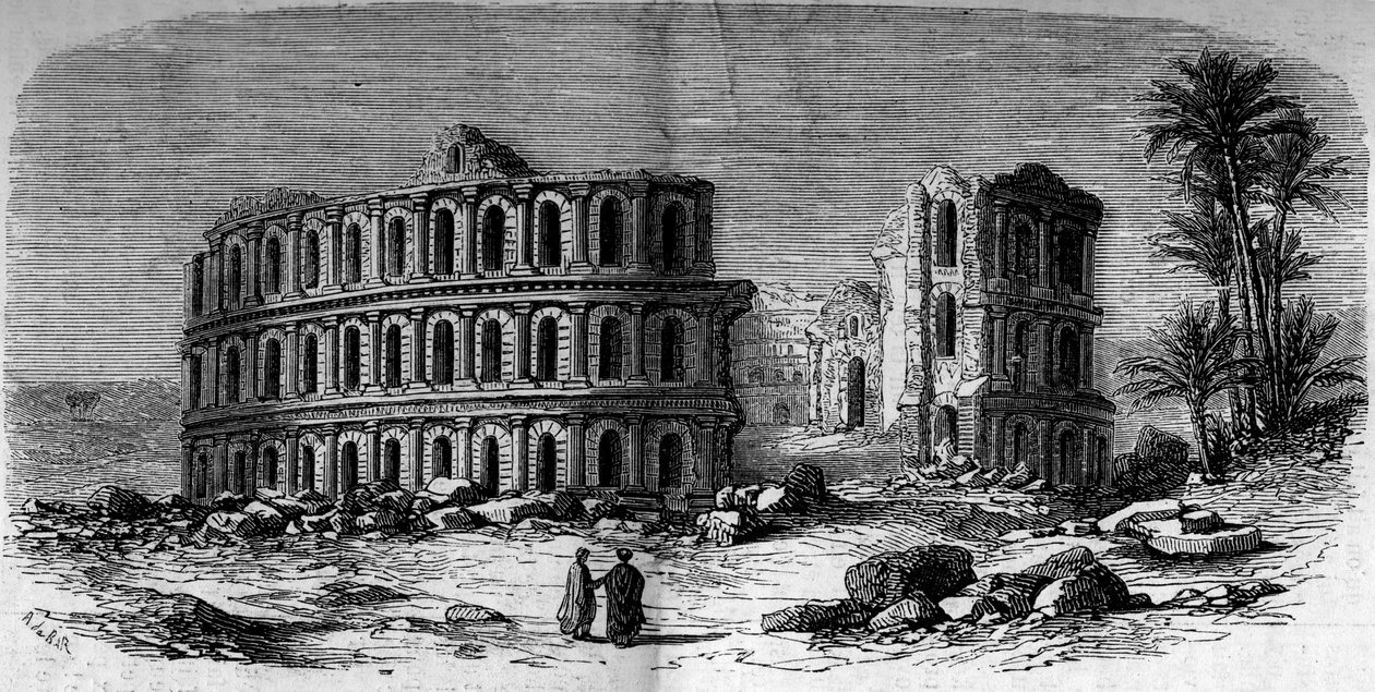 Gammel arkitektur: romersk amfiteater (3. århundre) i El Djem (El Jem), Tunisia av French School