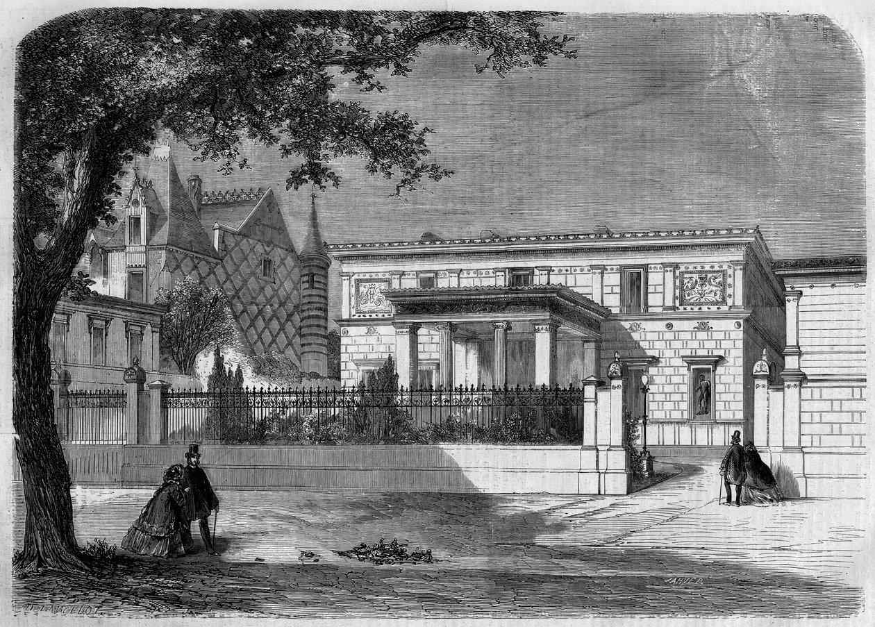 Gammel arkitektur: utsikt over fasaden til det pompeianske huset til "Prins Napoleon" (1822-1891) bygget av arkitekten Alfred Normand. Paris, rue Montaigne av French School