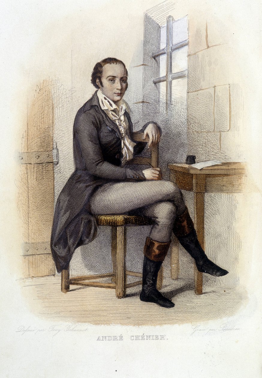 Andre Chenier (1762-1794), fransk poet, ved conciergen - i "Le Plutarque francais", red. Mennechet av French School