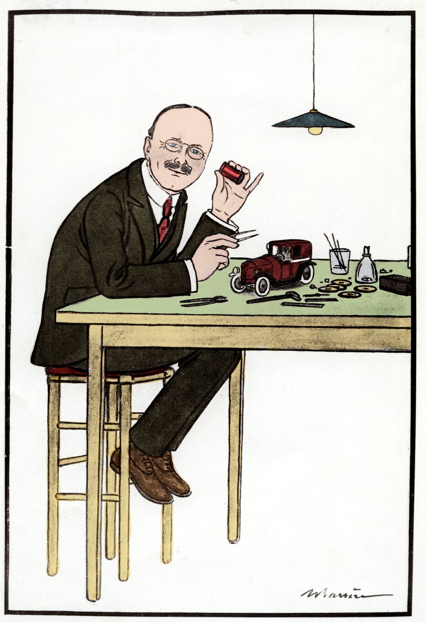 Andre Citroen (1878-1935), making a model car; drawing by Barriere. av French School