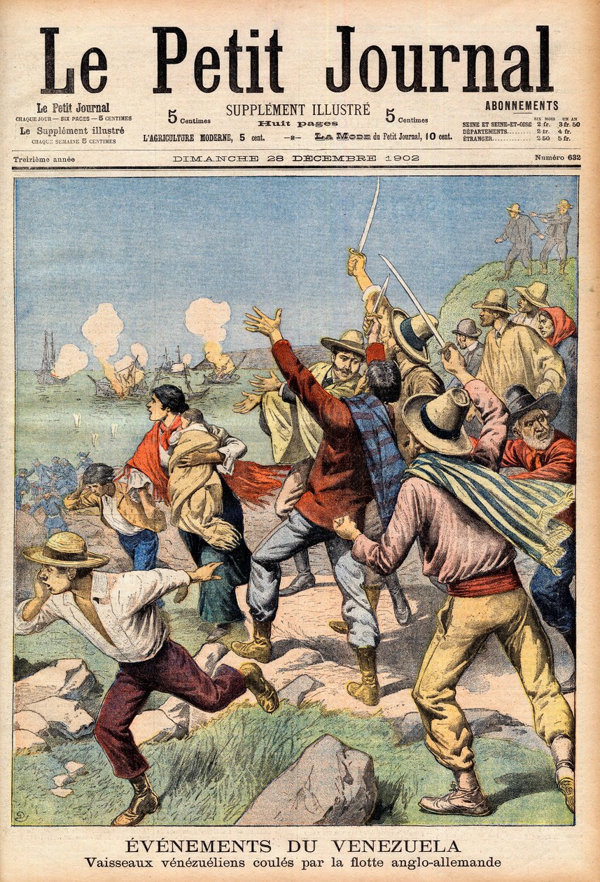 Anglo-tysk intervensjon i Venezuela i 1902-1903 - Første side av "" Le Petit Journal"" av 28. desember 1902: hendelser i Venezuela: Venezuelanske båter senket av engelsk og tysk flåte (gravering) av French School