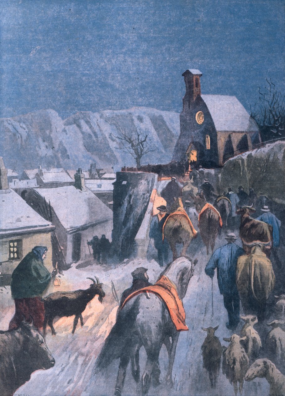 Animal Christmas in the Cevennes, illustrasjon fra Le Petit Parisien, 27. desember 1908 av French School