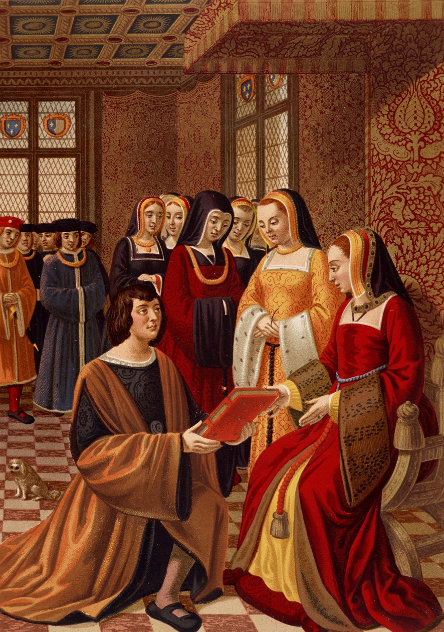 Anne av Bretagne (1477-1514) omgitt av hennes æresdamer. Kromolitografi etter en miniatyr fra 1500-tallet. Library of Arts Deco, Paris av French School
