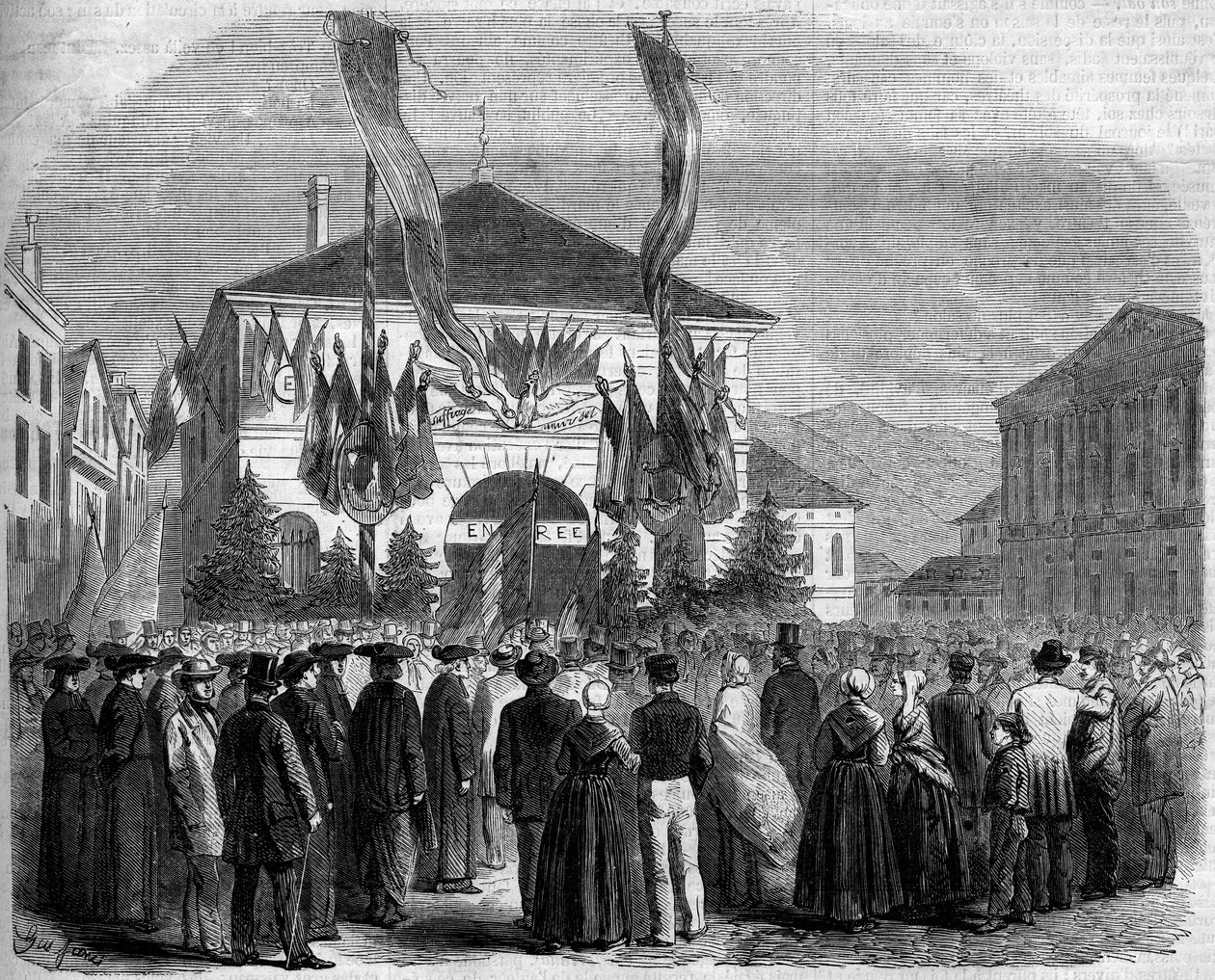 Annektering av Savoie til Frankrike, Chambery, 22. april 1860: befolkningens avstemning om Savoies tilknytning til Frankrike. Gravering i "" Le Monde Illustré"" nr. 160 av 5. mai 1860. av French School