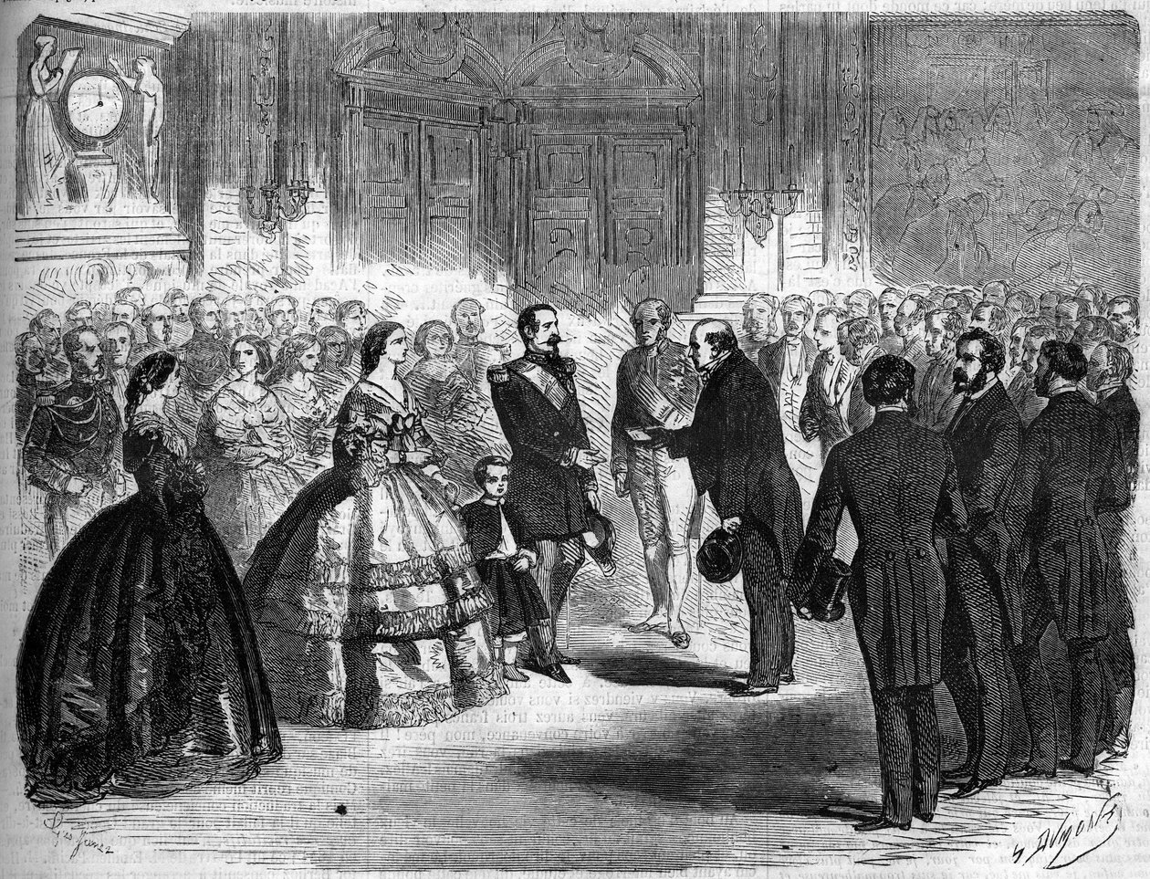 Annektering av Savoyen til Frankrike, Paris, 22. mars 1860: mottakelse av Amedee Greyfie de Bellecombe (1811-1879) og av deputasjonen av Savoy av keiser Napoleon III (1808-1873) og impress Eugenie de Montijo (1826-1920) kl. Tuilerier. Gravering i "" Le Mo av French School