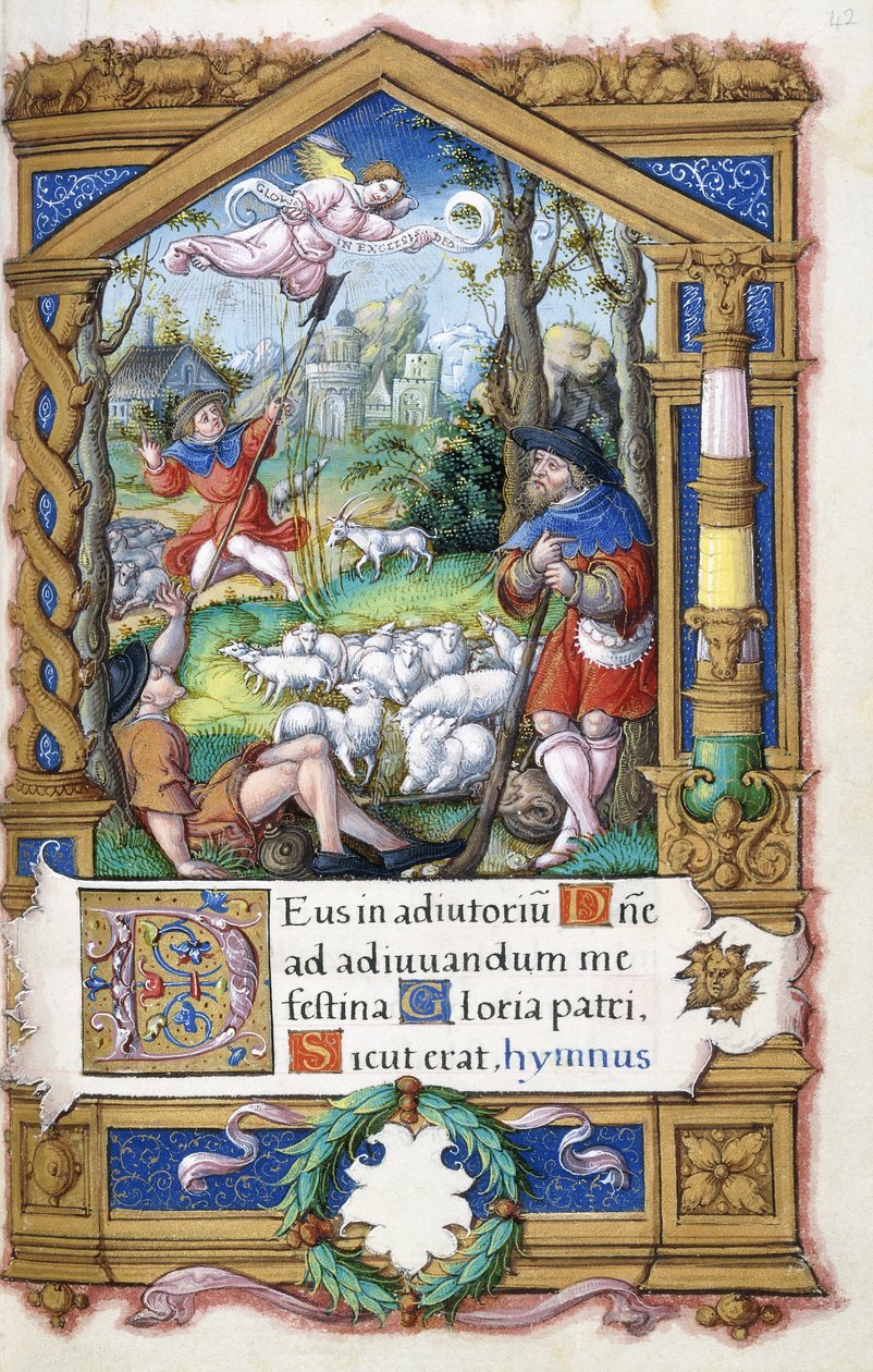 Bebudelse til hyrdene, fra en timebok laget for Francois I, ca. 1532-1540 av French School