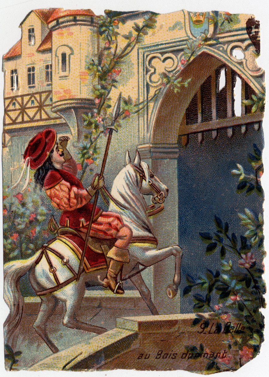 Anonym illustrasjon for "La belle au bois dormant", fortelling av Charles Perrault (1628-1703), fransk forfatter: "Etter hundre år nådde prinsen porten til slottet ..."" Kromolitografi. av French School