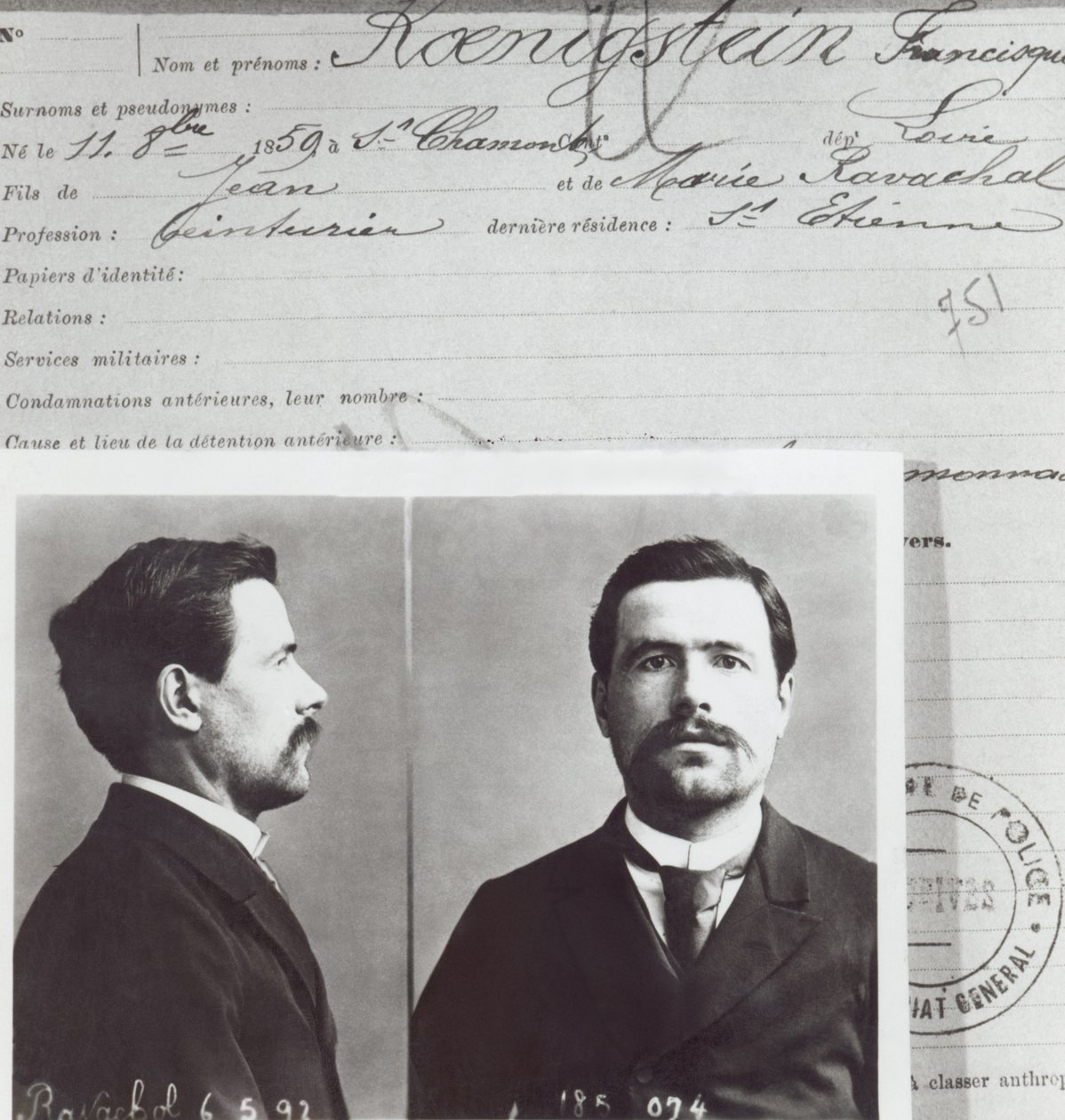 Antropometrisk form av Francois Claudius Koenigstein, såkalt Ravachol (1859-92), av French School