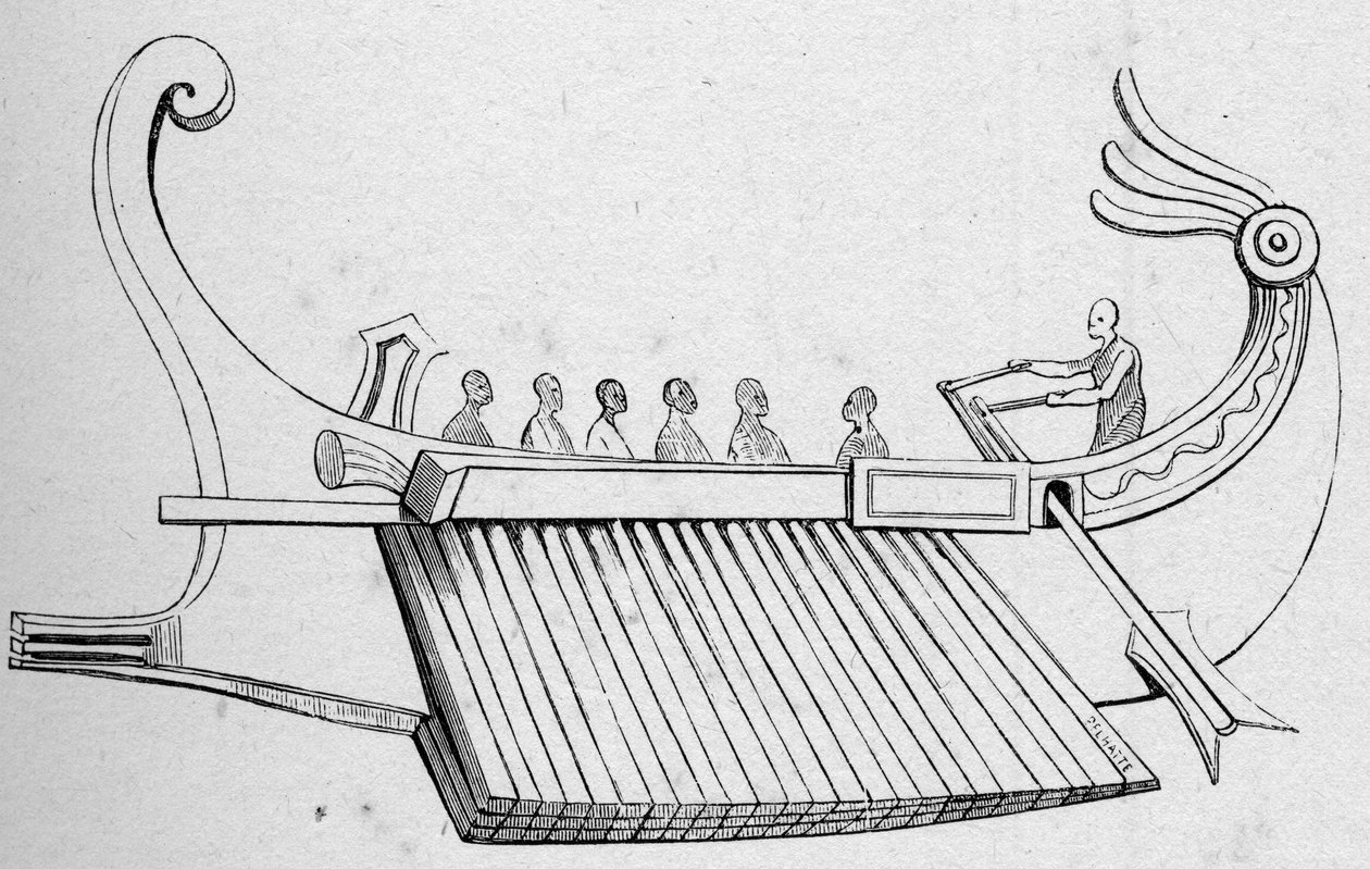 Antique Galere har tre rader med årer. Gravering i "La Marine et les colonies: handel" av French School