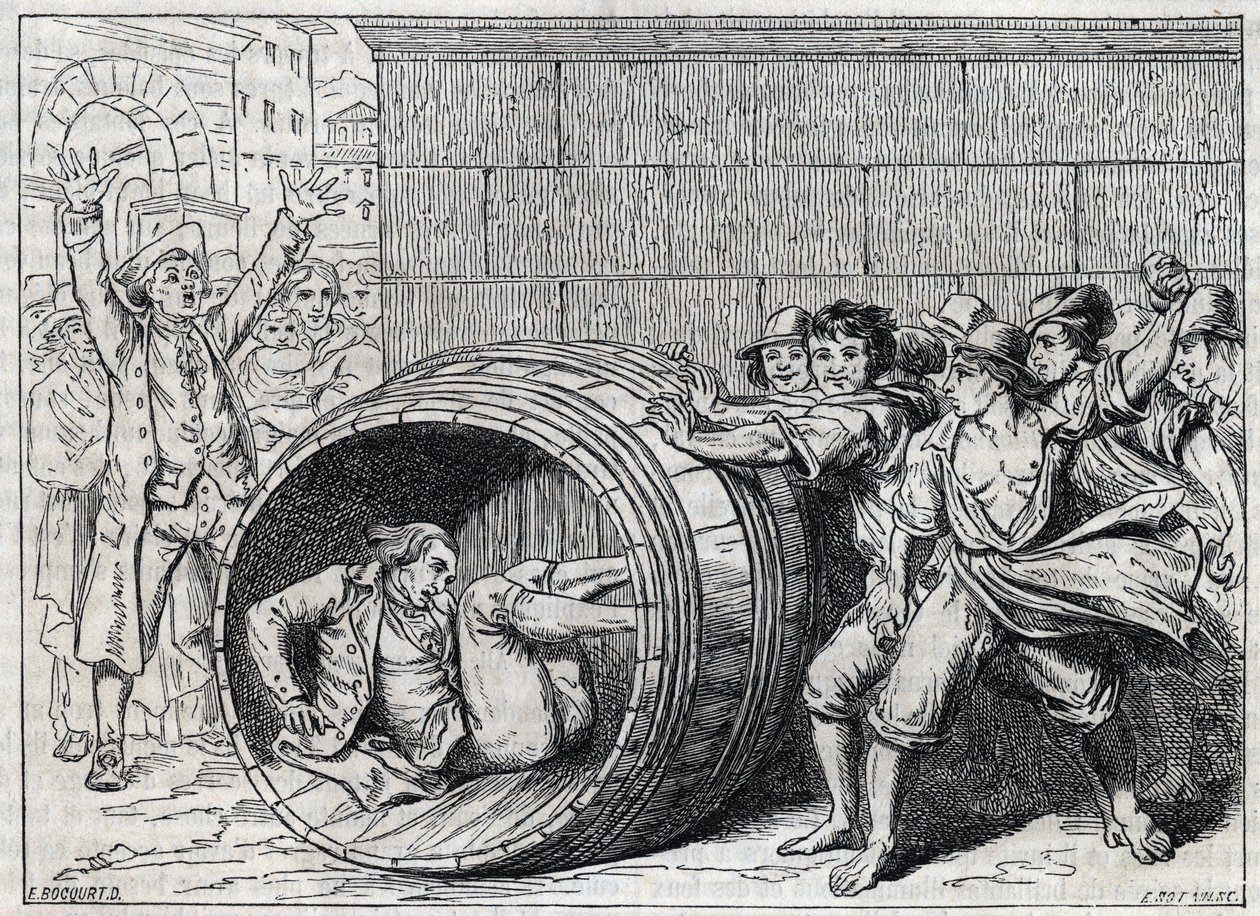 Antisemittforfølgelse på 1600-tallet: en jøde ruller i en tønne av innbyggere i Roma. Illustrasjon av "" Meo Patacca"", dikt av Giuseppe Berneri (1637-1700). Gravering av Bocourt. av French School