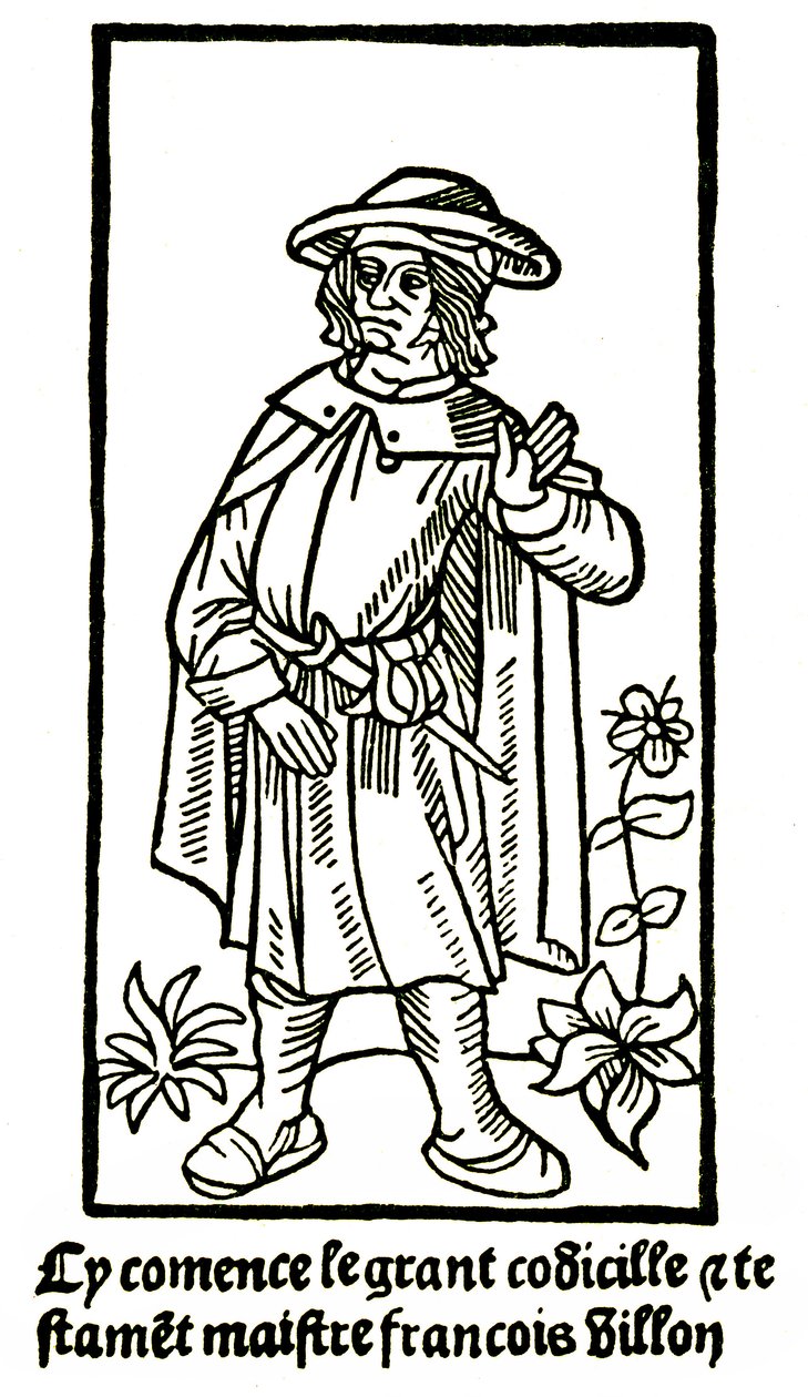 Apokryfisk portrett av poeten Francois Villon i "Det store testamente" - "Cy comence le grant codicille & testamet maistre Francois Villon"" (her begynner den store codicille et testament) utgave P Levet 1489 (tresnitt) av French School