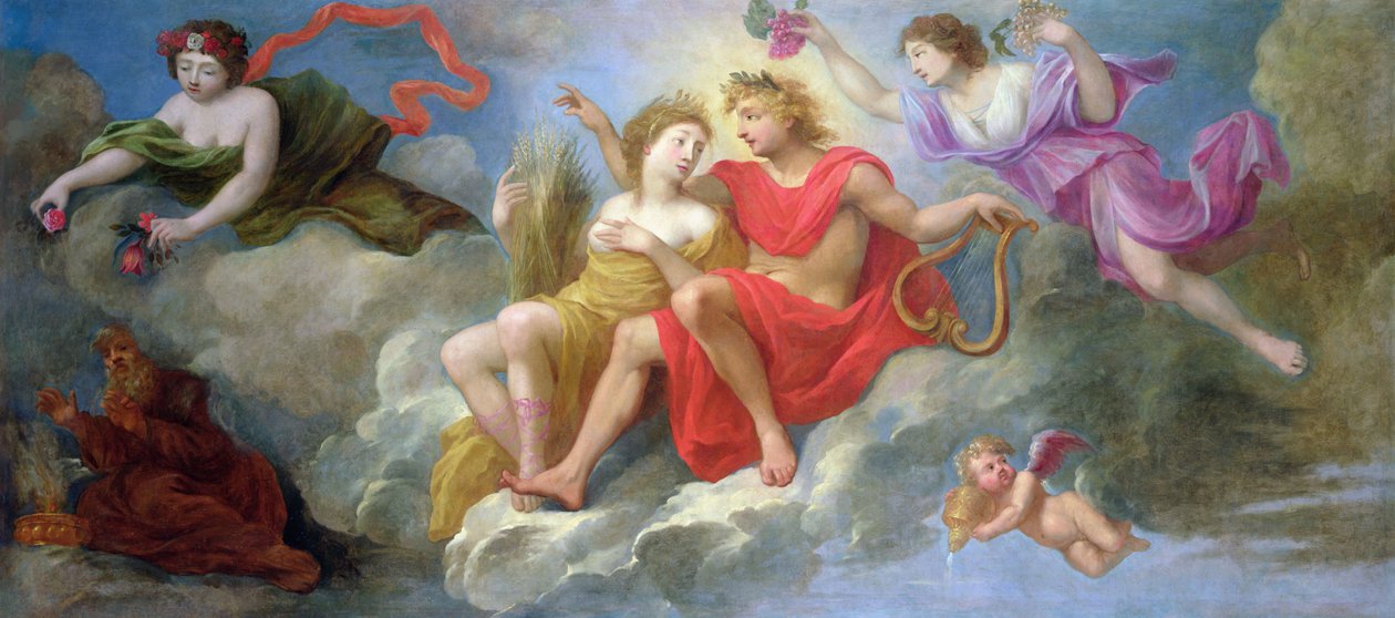 Apollo og årstidene, fra taket på Hotel Colbert de Villacerf, ca. 1650 av French School