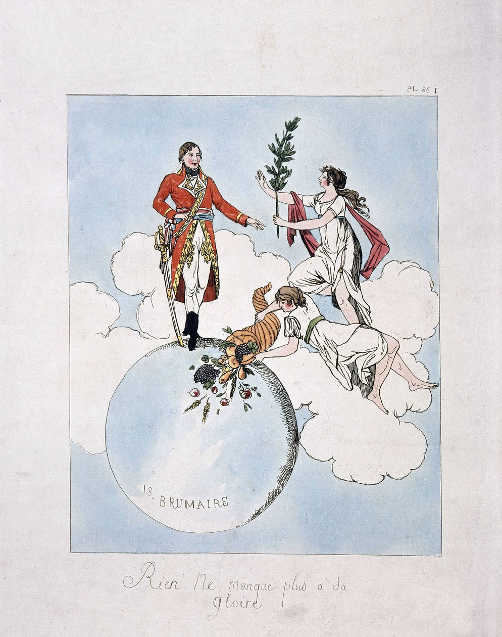Apotheosis av Napoleon-Bonaparte under statskuppet 18. brumaire år VIII (9.11.1799). (nymfer som presenterer ham laurbær og overflodshorn) av French School