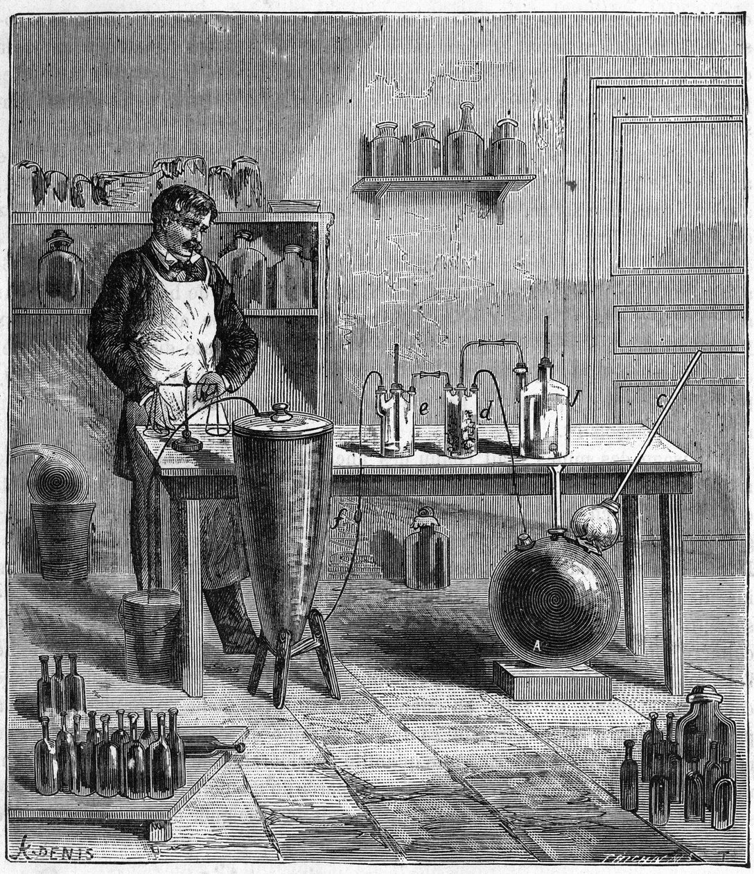 Apparat av Eugene SOUBEIRAN (1797-1858) for tilberedning av natron - Gravering i "" Vitenskaper brakt til alle - Populær fysikk og kjemi"" av Alexis Clerc - Slutten av 1800-tallet - Privat samling av French School